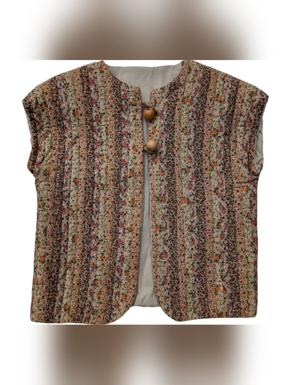 NEW Handmade Quilted Vest, Parown Patchwork Stripe Wooden Buttons 38 In Chest